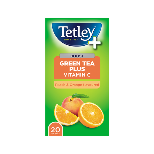 Tetley+ Peach & Orange flavoured Green tea with Vitamin C