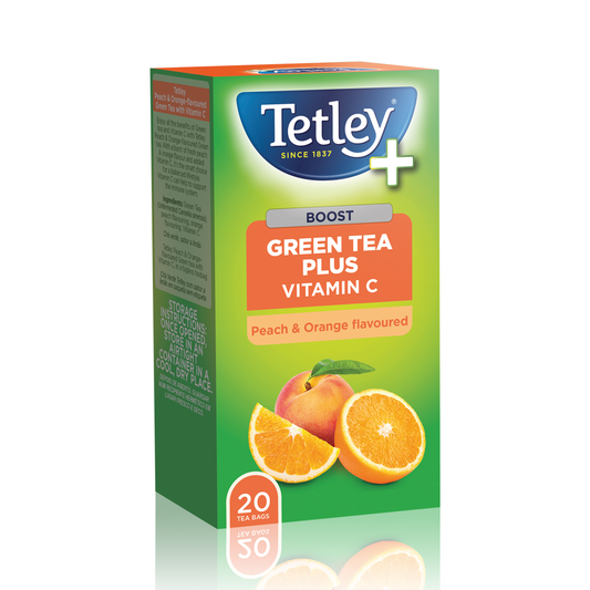 Tetley+ Peach & Orange flavoured Green tea with Vitamin C